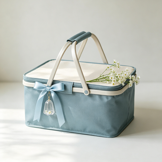 Light Blue Fabric Zipper Picnic Basket