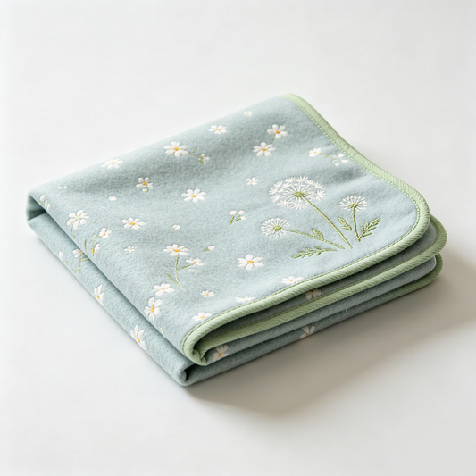 Blue‑Green Dandelion Embroidery Picnic Blanket