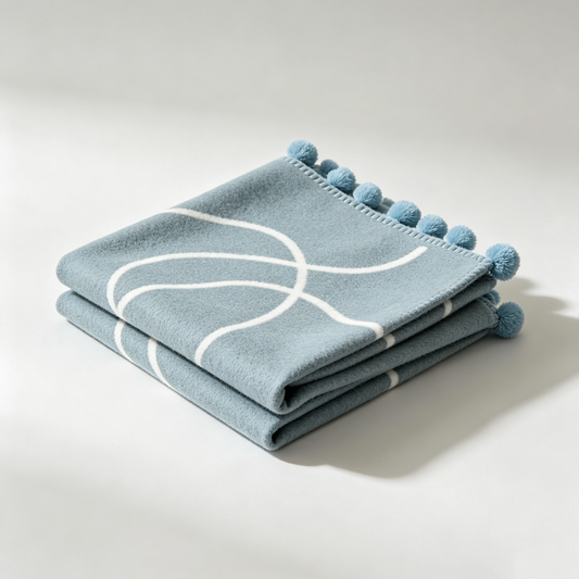 Blue Curve Pom‑pom Picnic Blanket