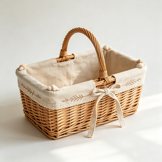 Coastal Shell Embroidery Wicker Picnic Basket