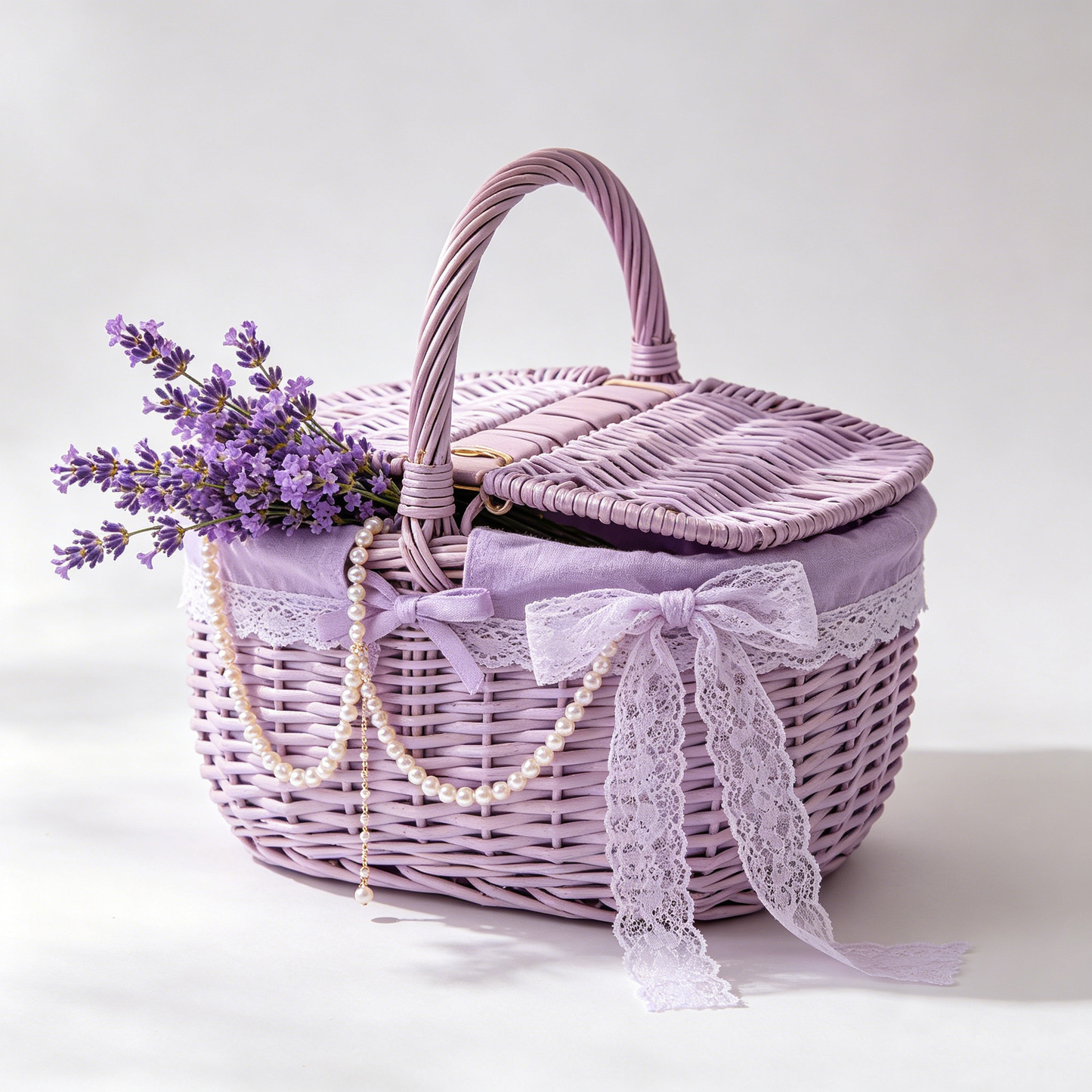 Lavender Lace Pearl Wicker Picnic Basket