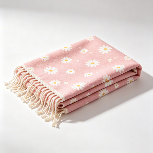 Pink Daisy Fringe Picnic Blanket