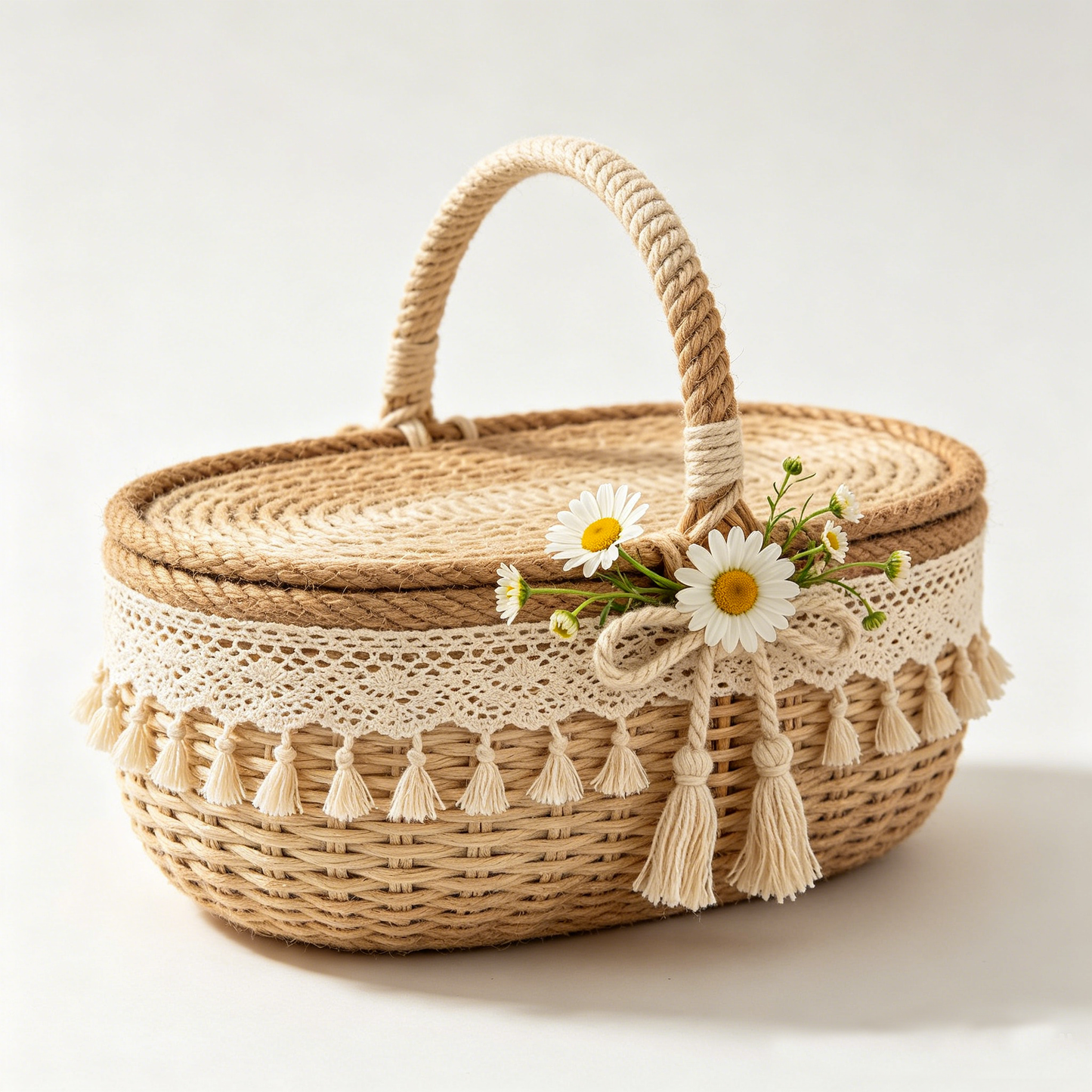 Daisy Tassel Rope‑Woven Picnic Basket