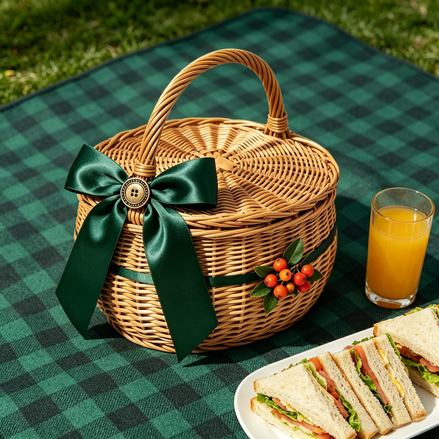 Dark Green Satin Bow Berry Picnic Basket