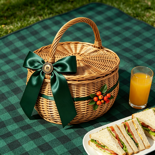Dark Green Satin Bow Berry Picnic Basket