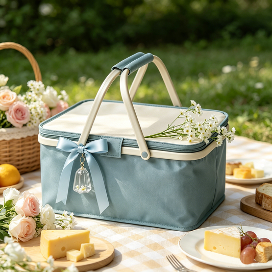 Light Blue Fabric Zipper Picnic Basket