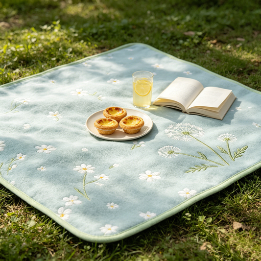 Blue‑Green Dandelion Embroidery Picnic Blanket