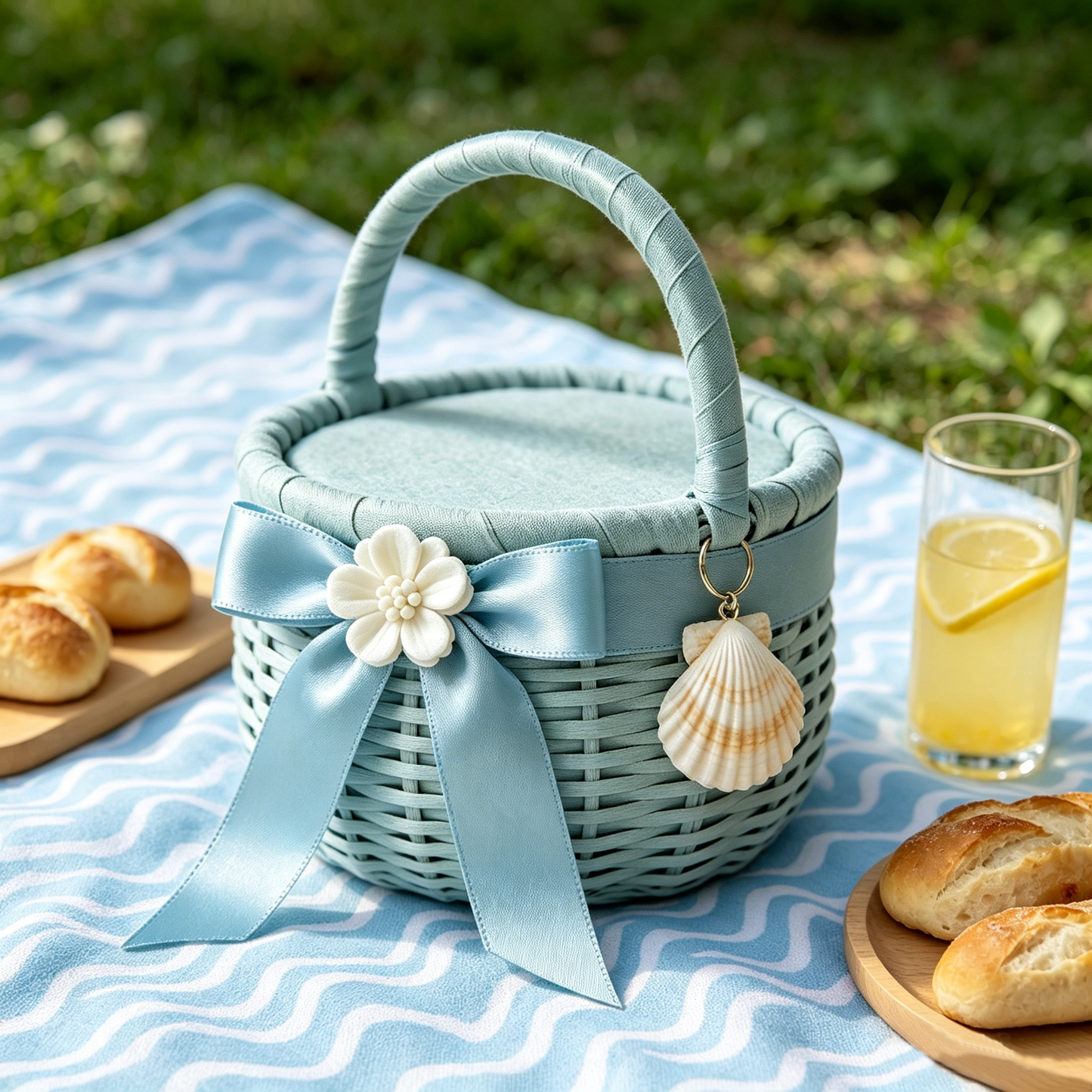 Light Blue Seashell Wicker Picnic Basket