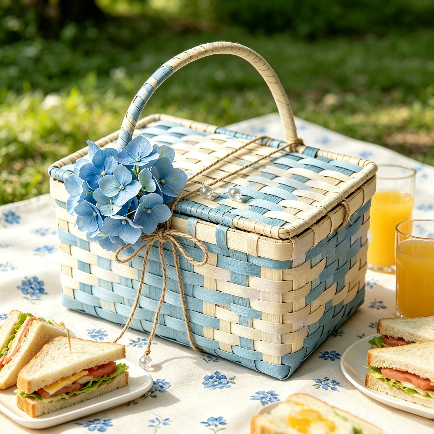 Blue Hydrangea Checker Wicker Picnic Basket