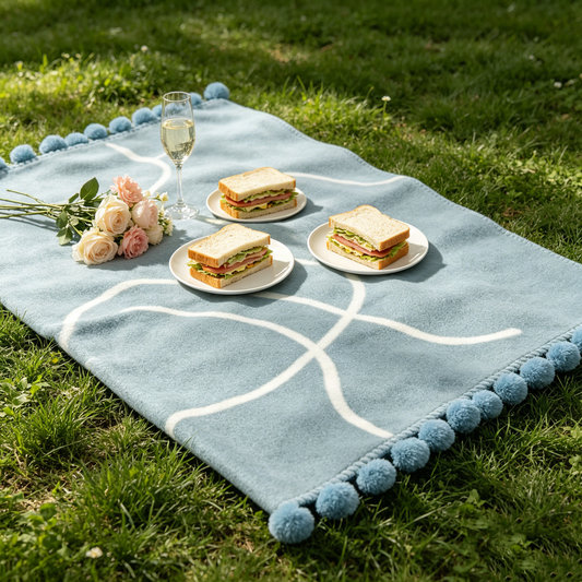 Blue Curve Pom‑pom Picnic Blanket