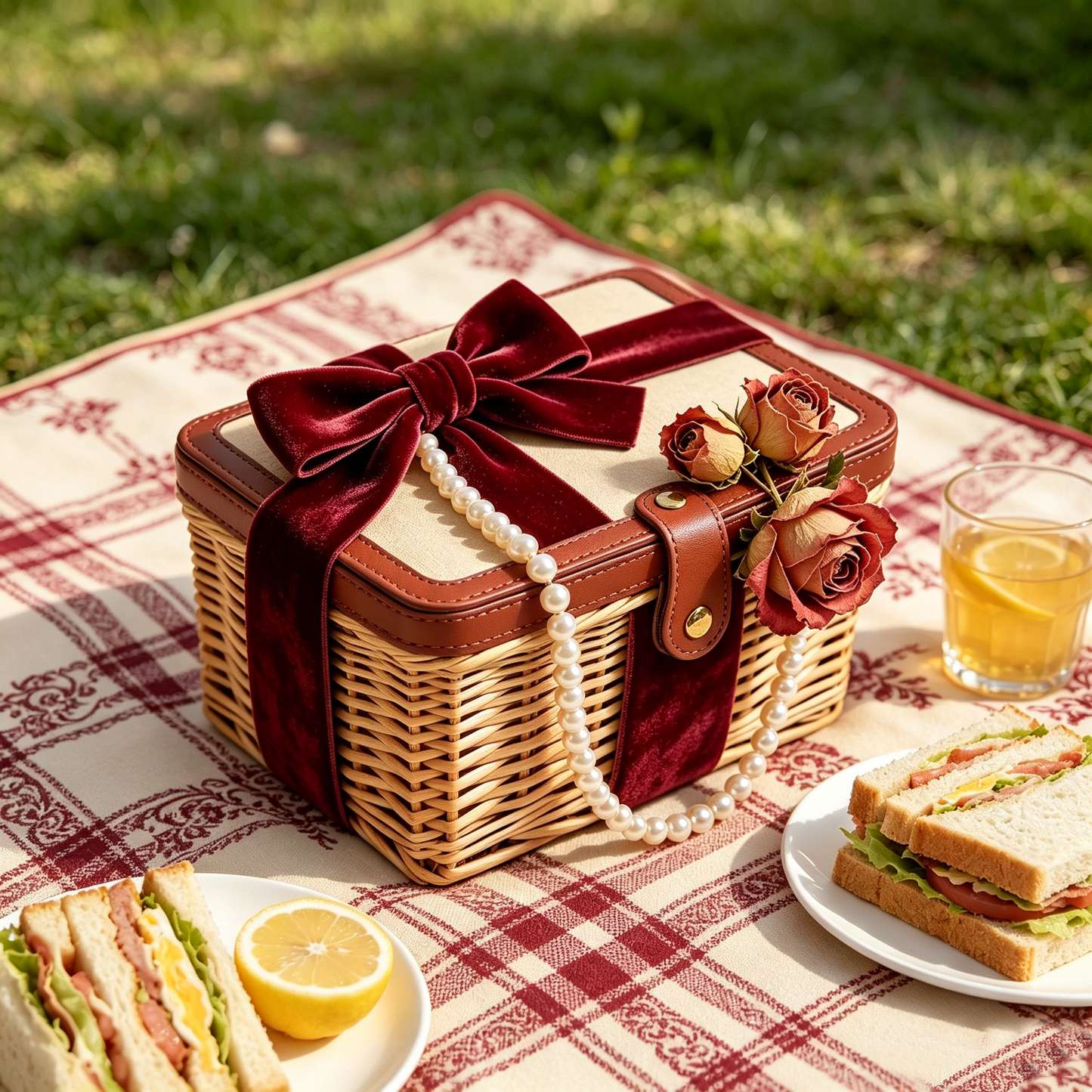 Burgundy Velvet Rose Luxury Picnic Basket