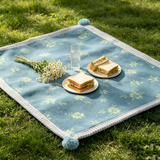 Teal Floral Gingham Picnic Blanket