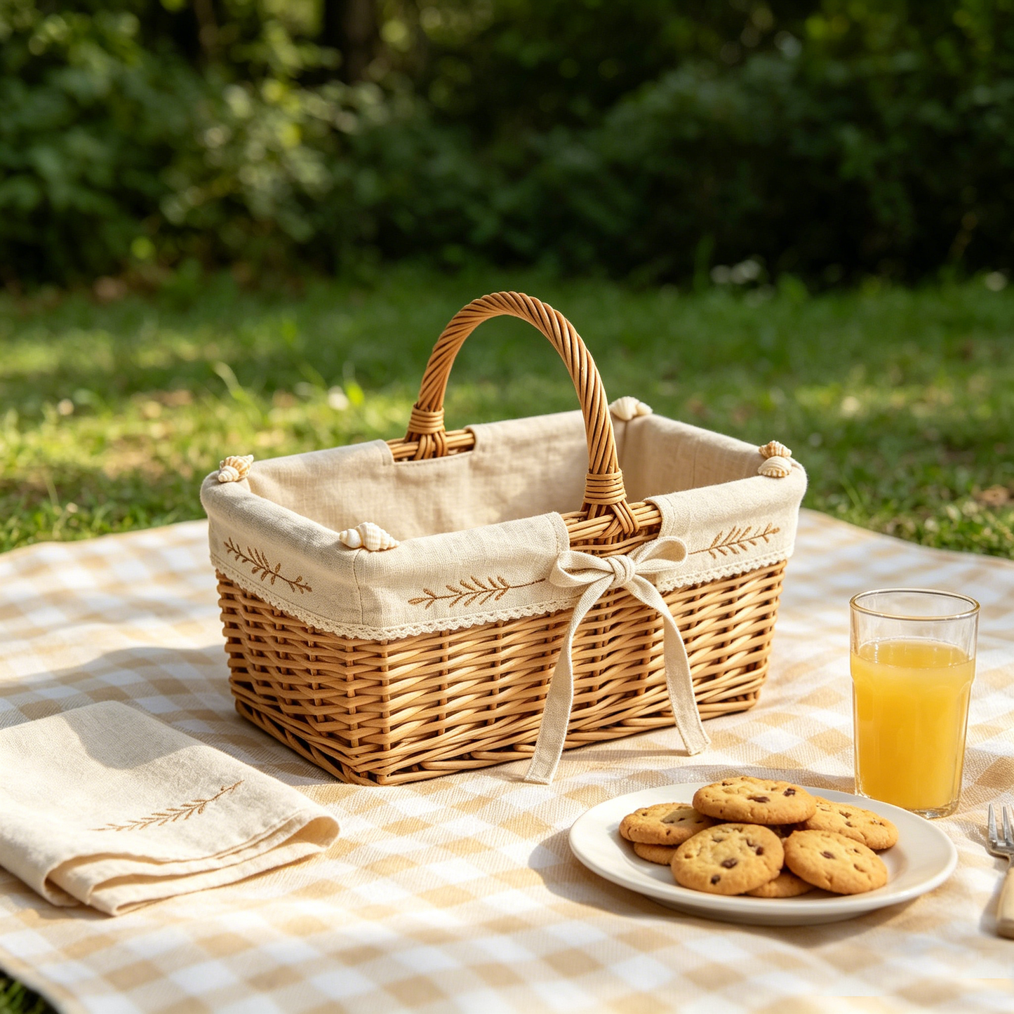 Coastal Shell Embroidery Wicker Picnic Basket