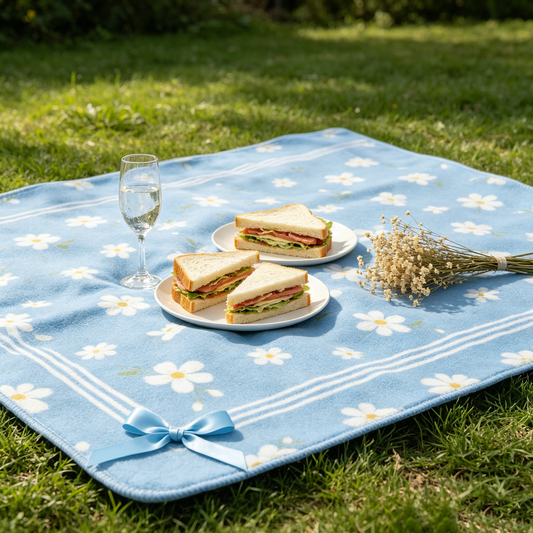 Sky‑Blue Daisy Bow Picnic Blanket