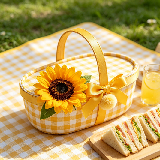 Yellow Sunflower Gingham Picnic Basket