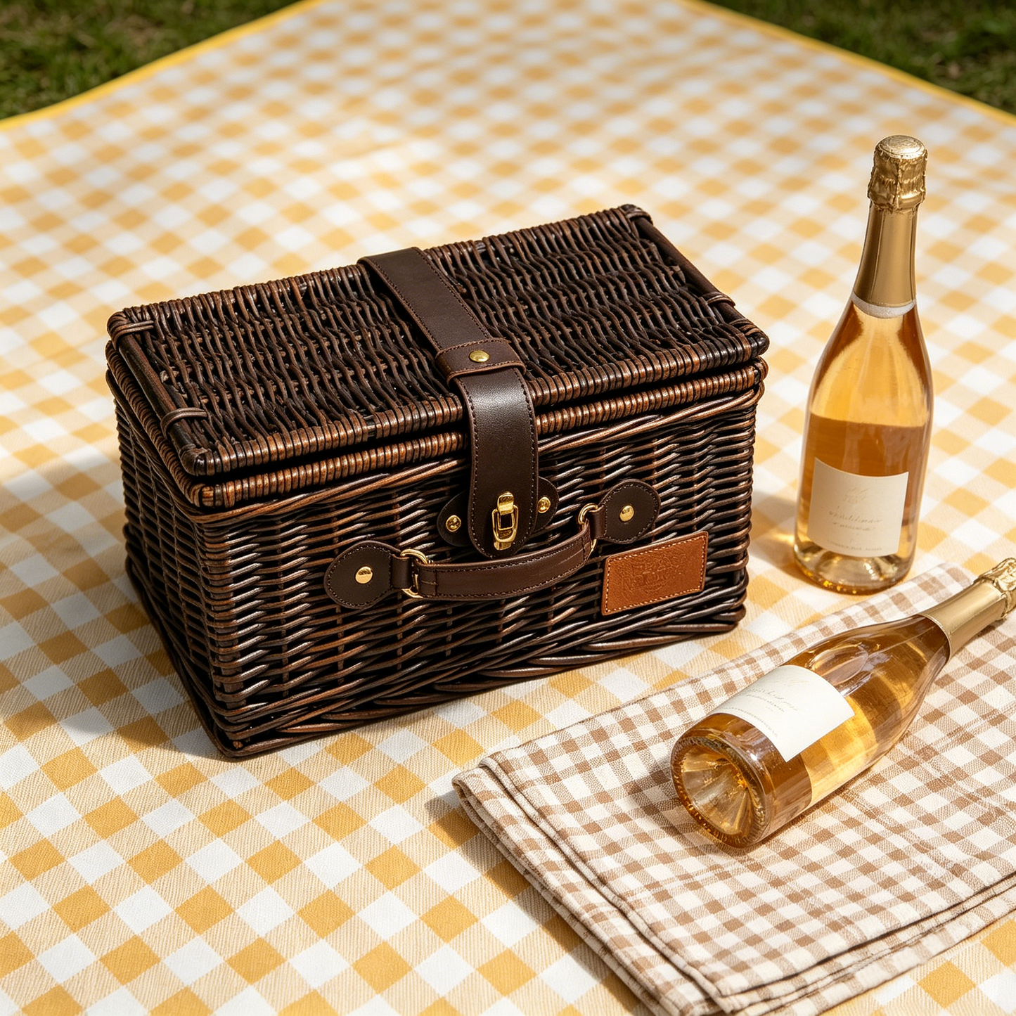 Dark Brown Leather Vintage Picnic Basket