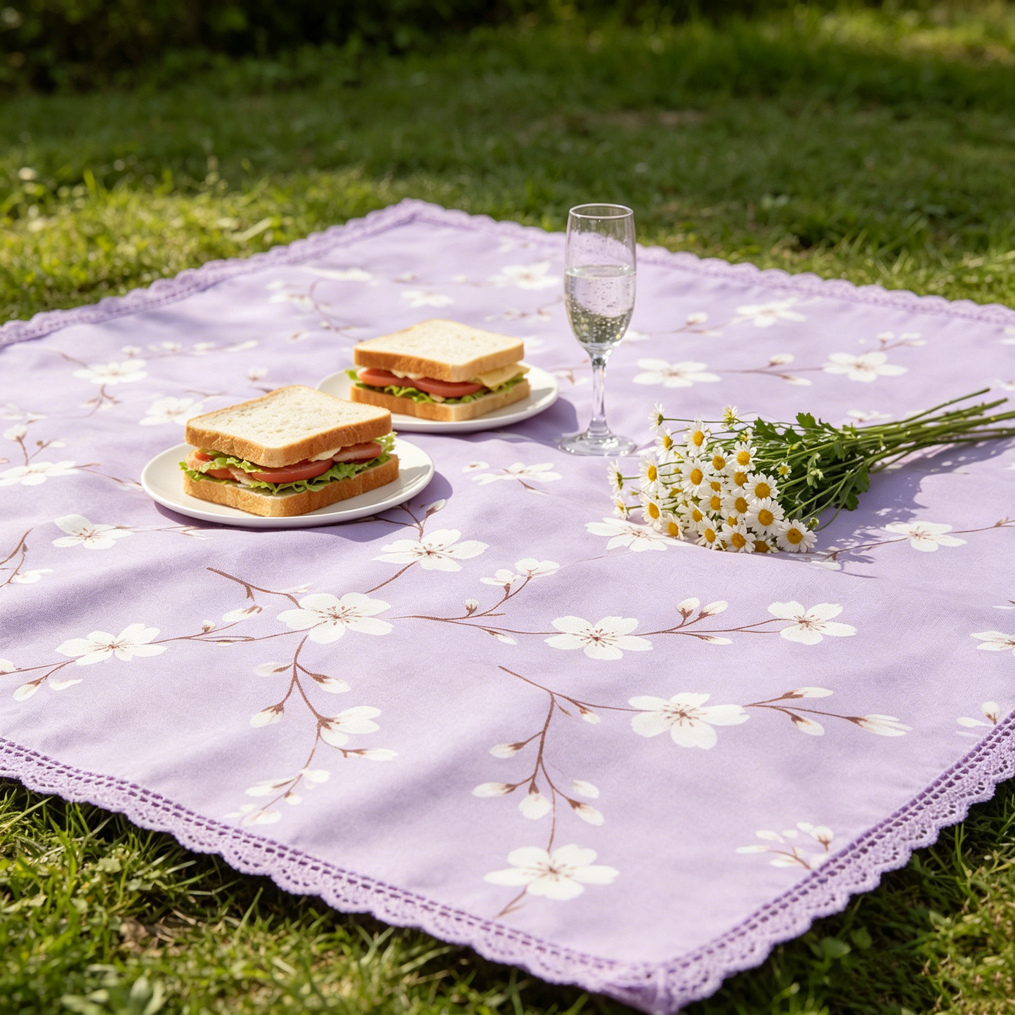 Purple Cherry Blossom Lace Picnic Blanket