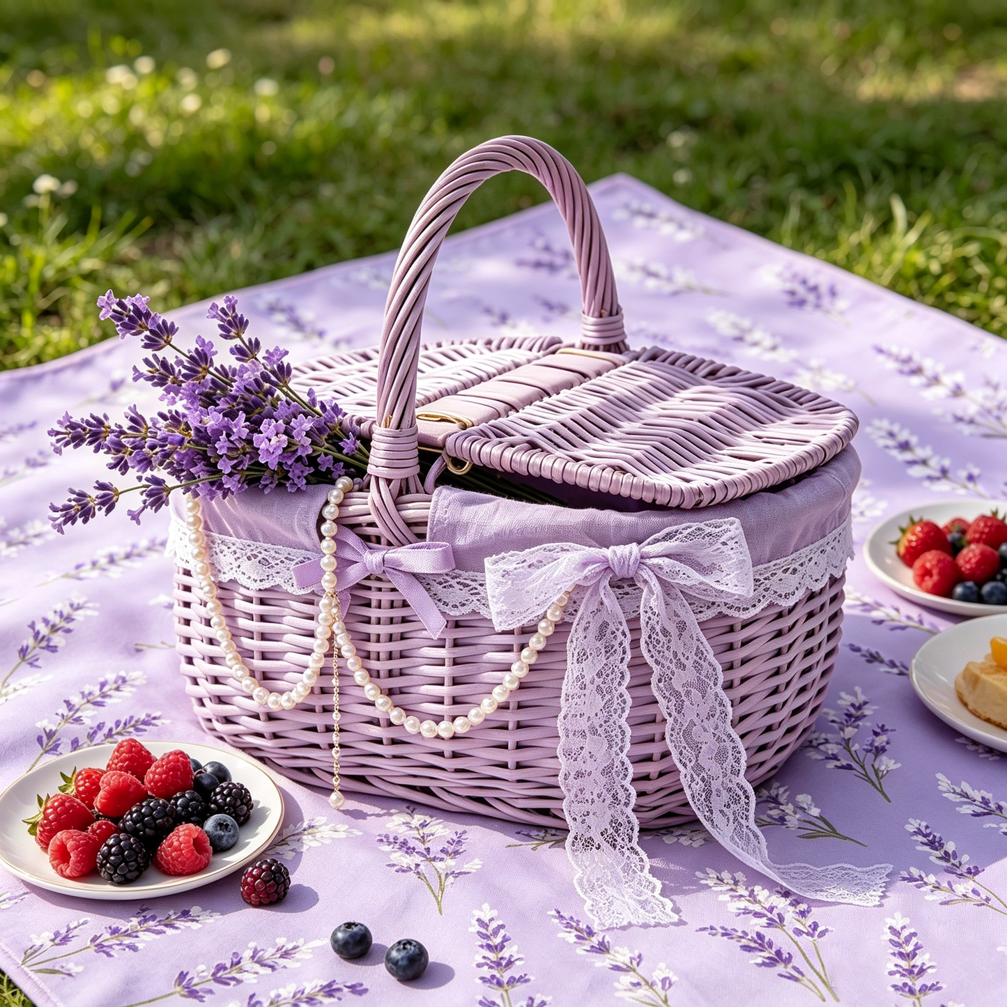 Lavender Lace Pearl Wicker Picnic Basket