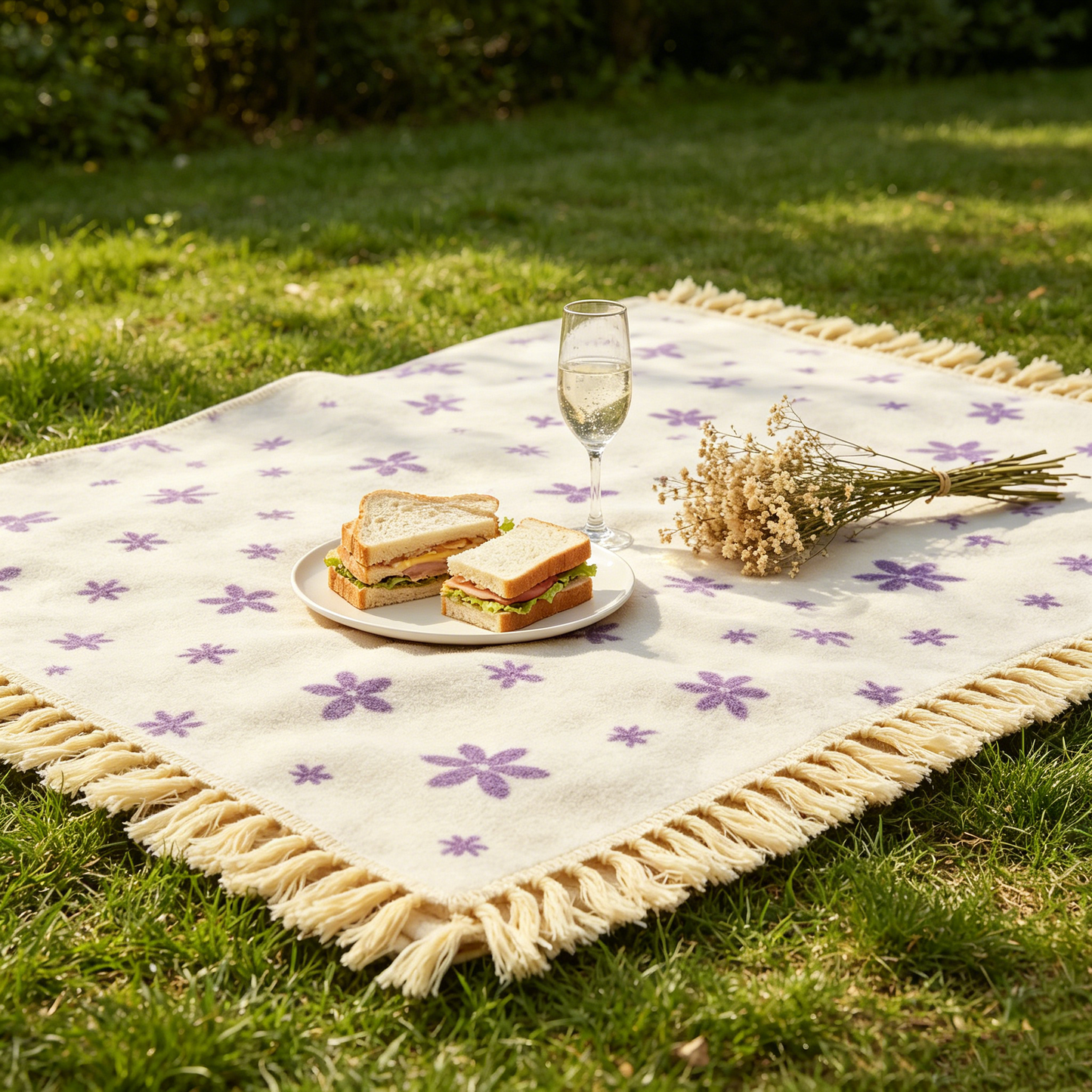 Cream Purple Star Fringe Picnic Blanket