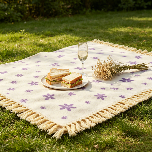 Cream Purple Star Fringe Picnic Blanket