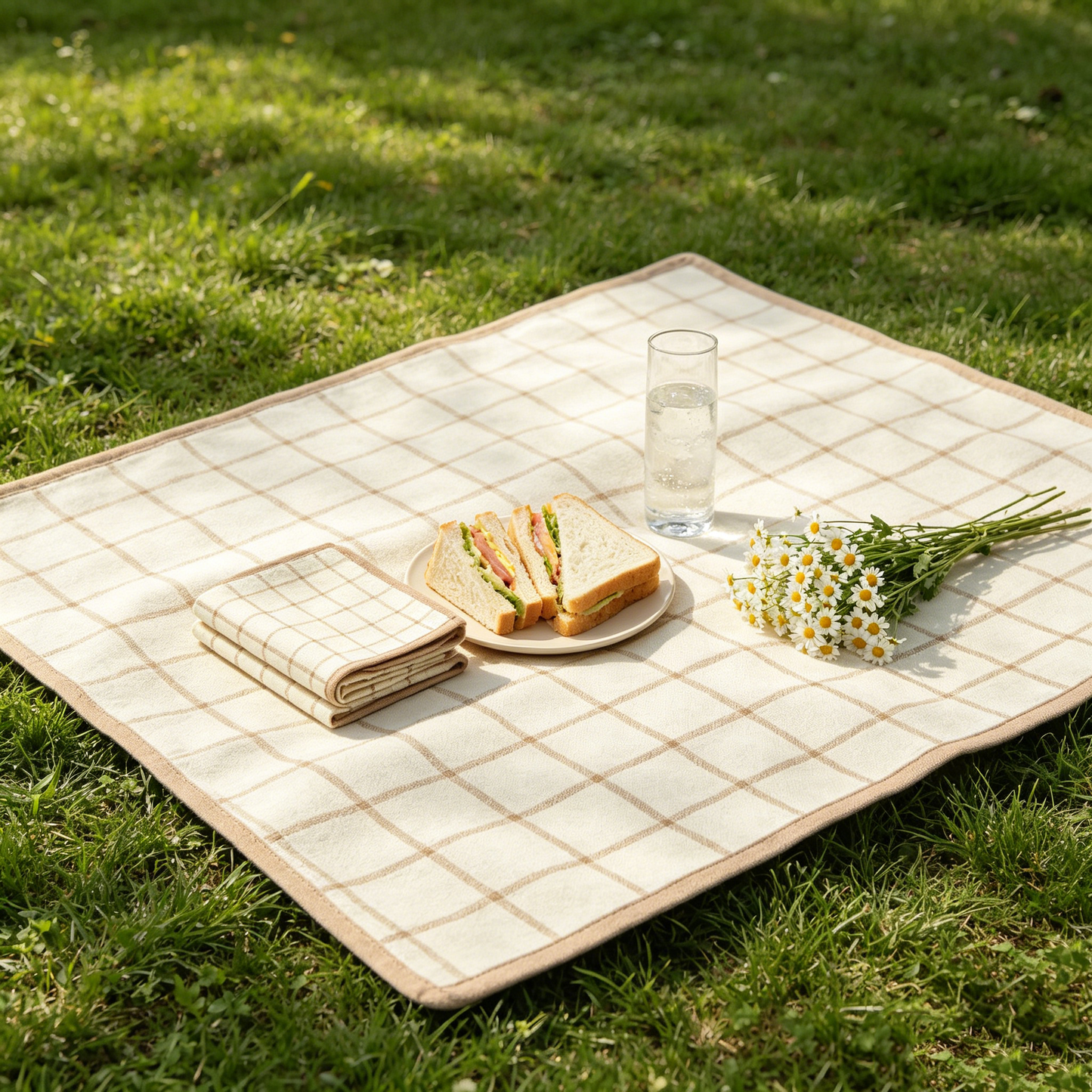 Beige Brown Grid Picnic Blanket