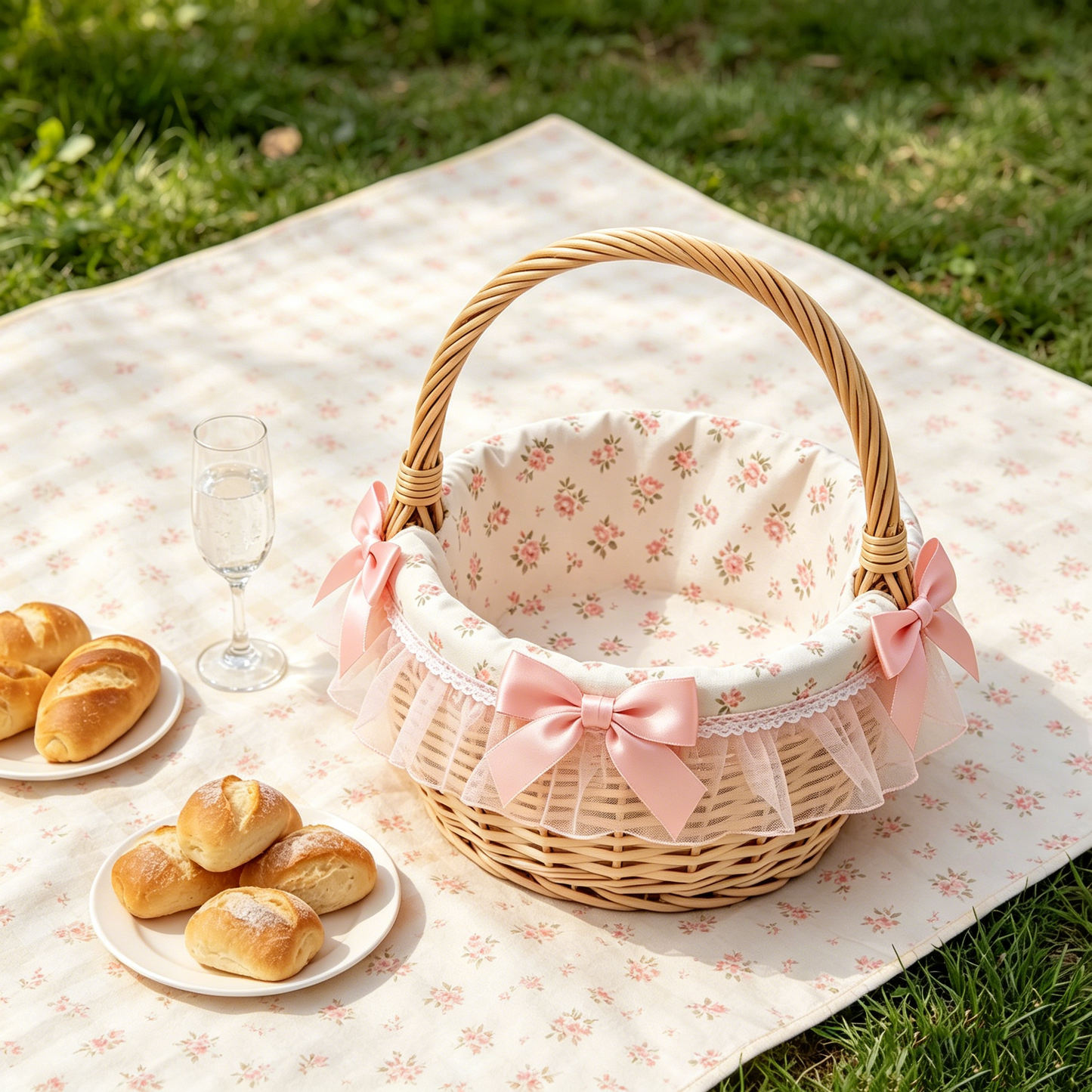 Pink Floral Lace Wicker Picnic Basket