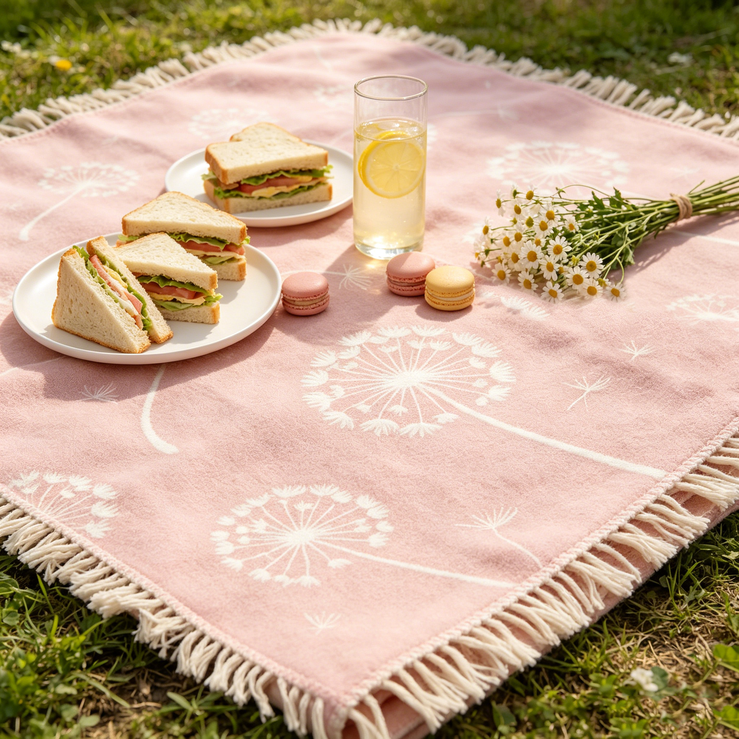 Pink Dandelion Tassel Picnic Blanket