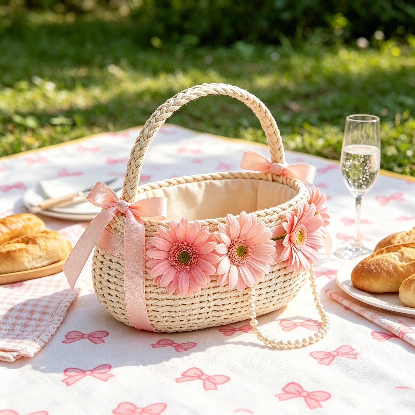Pink Daisy Pearl Woven Picnic Basket
