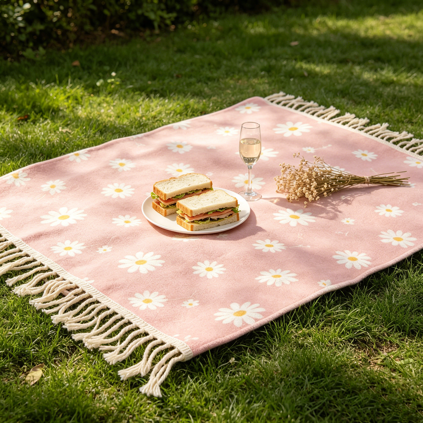 Pink Daisy Fringe Picnic Blanket