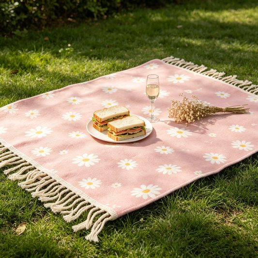 Pink Daisy Fringe Picnic Blanket