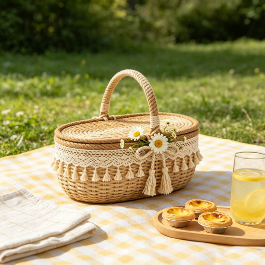 Daisy Tassel Rope‑Woven Picnic Basket