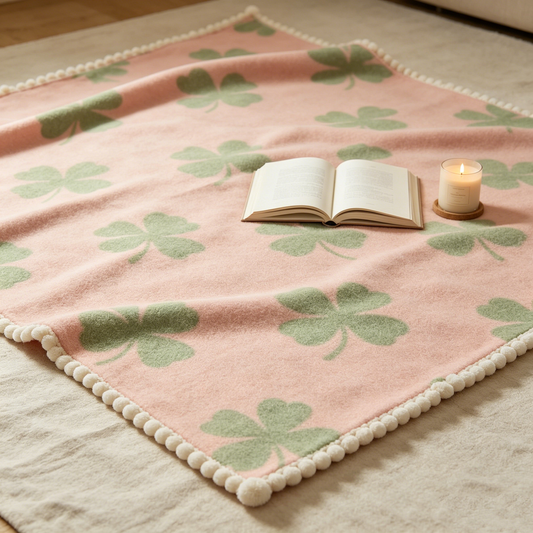 Pink Clover Pom‑pom Picnic Blanket