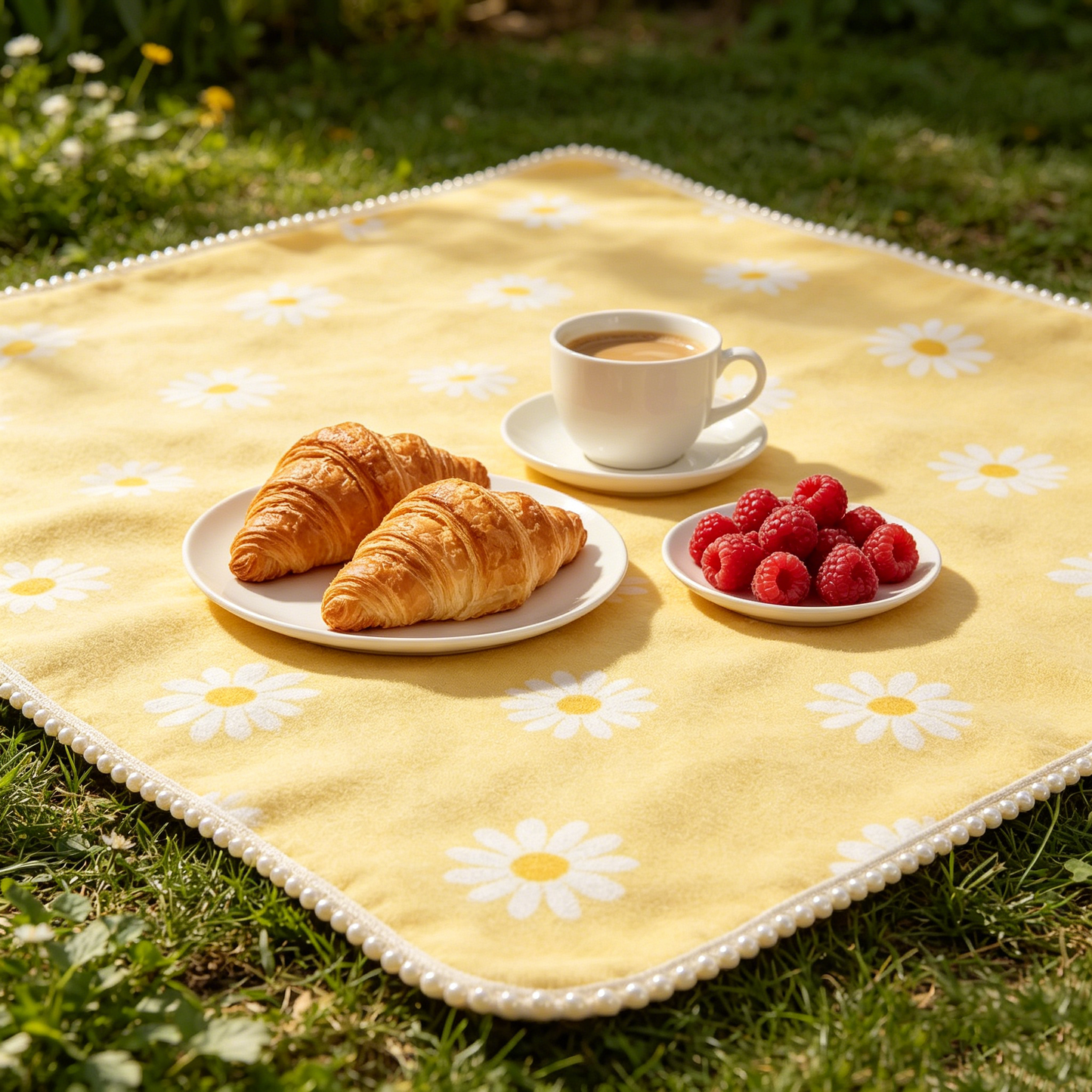 Yellow Daisy Pearl Trim Picnic Blanket
