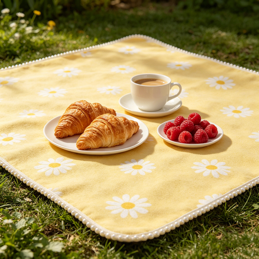 Yellow Daisy Pearl Trim Picnic Blanket