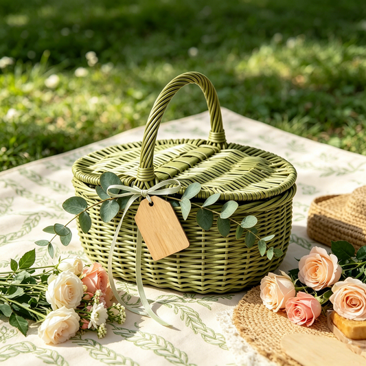 Eucalyptus Green Wicker Picnic Basket