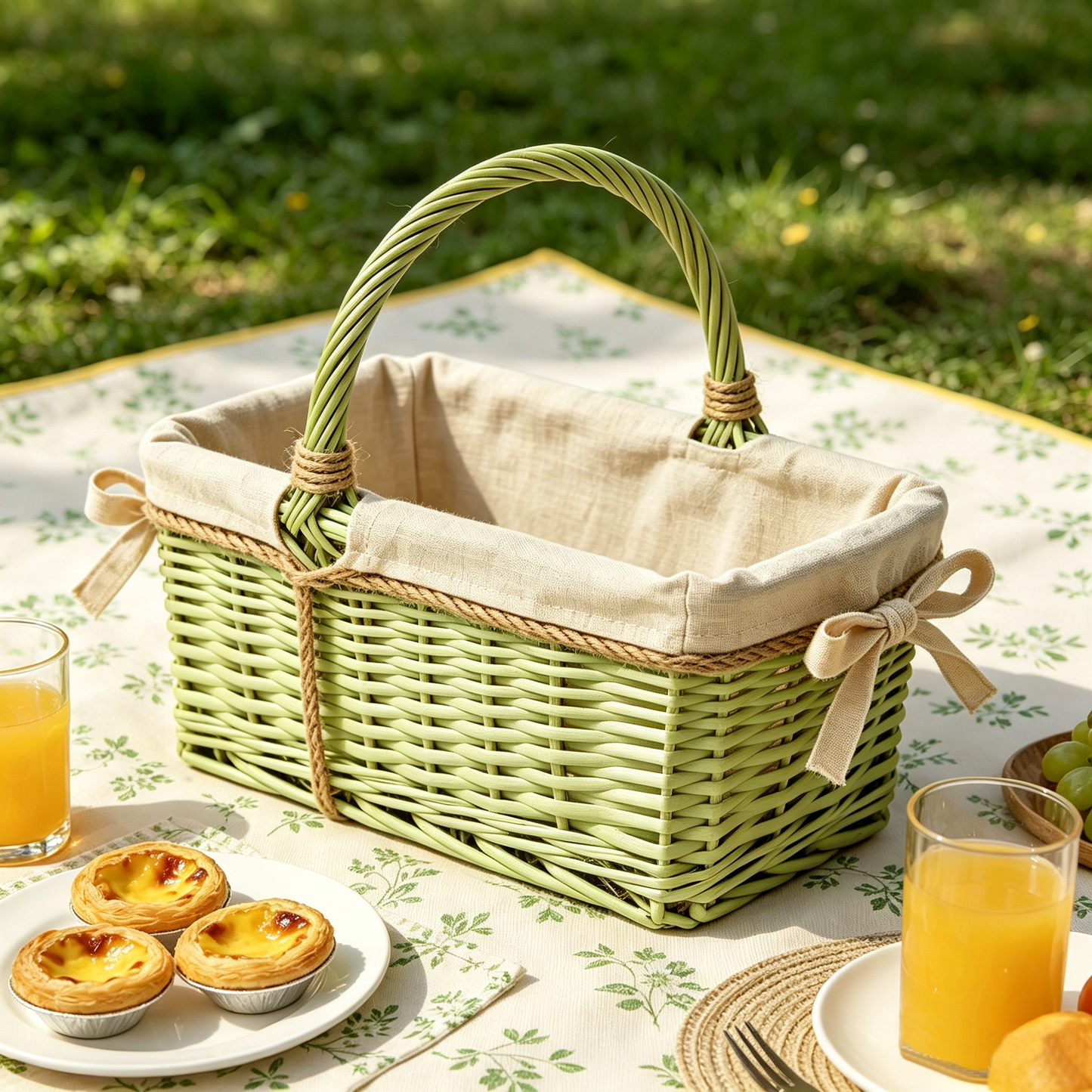 Sage Green Open‑Top Wicker Picnic Basket