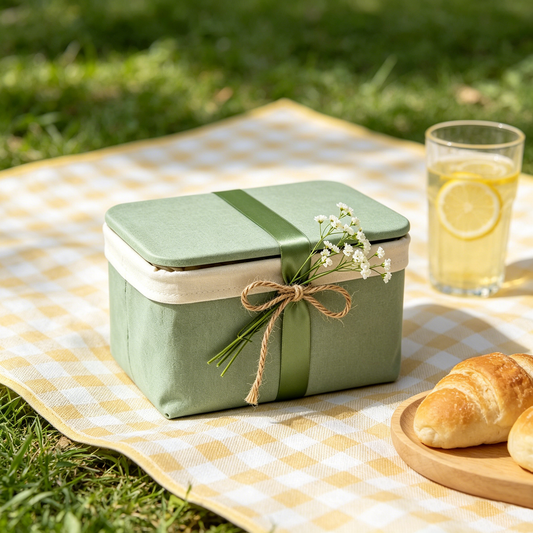 Sage Green Fabric Lidded Picnic Basket