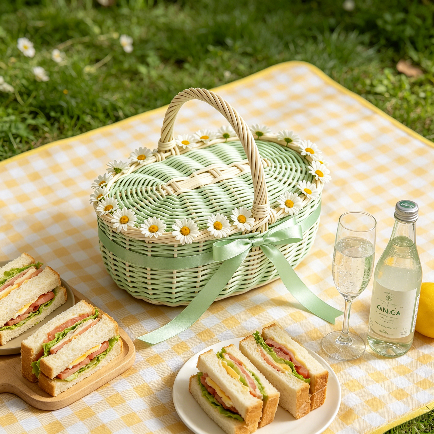 Daisy Border Mint Wicker Picnic Basket
