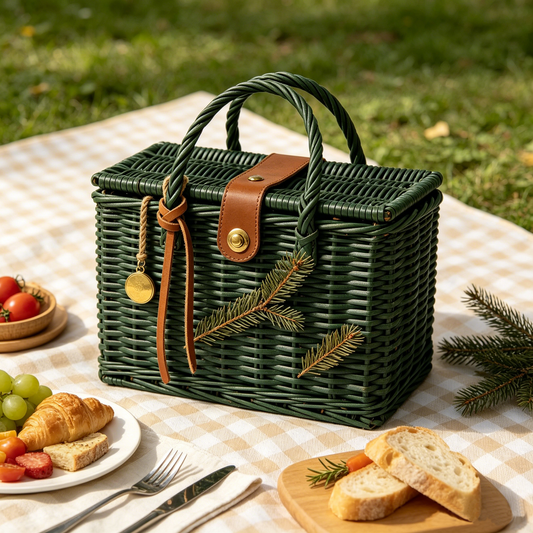 Dark Forest Green Leather Detail Picnic Basket