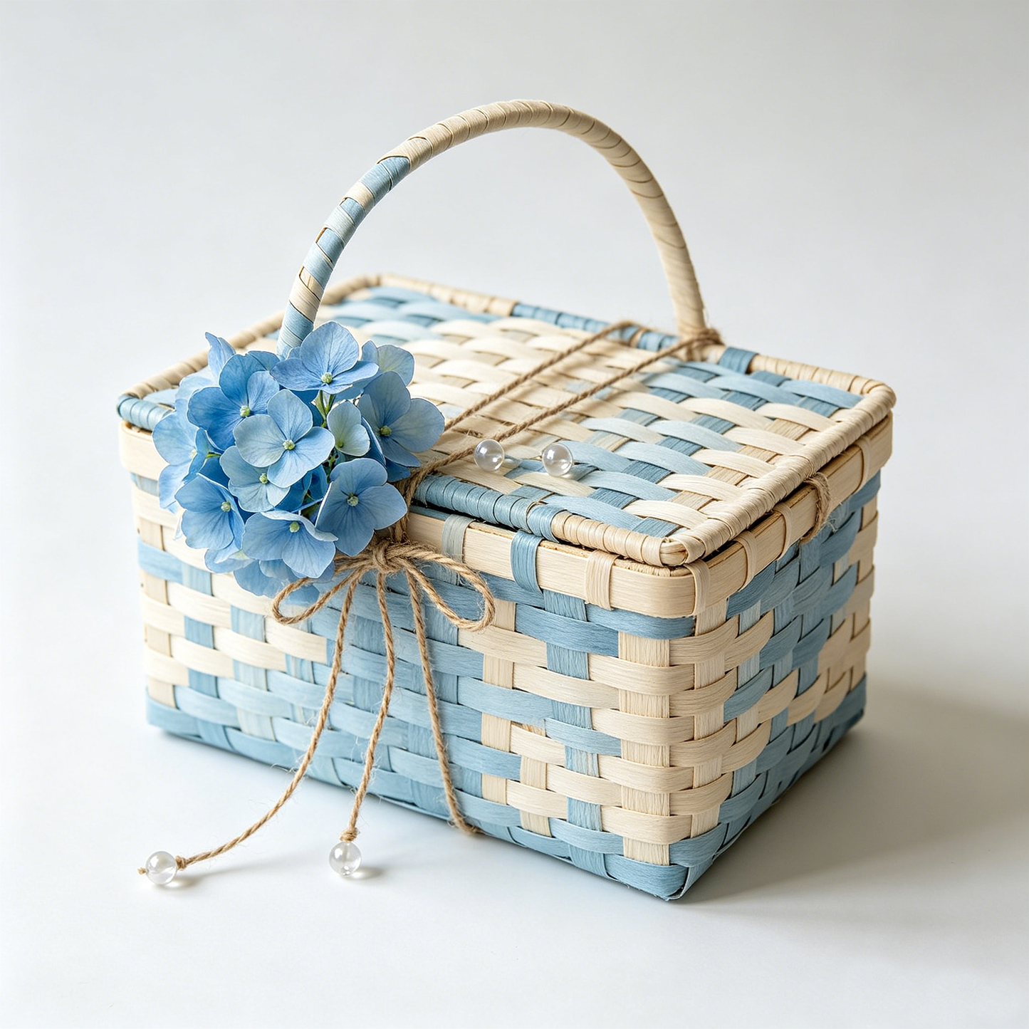 Blue Hydrangea Checker Wicker Picnic Basket