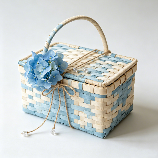 Blue Hydrangea Checker Wicker Picnic Basket
