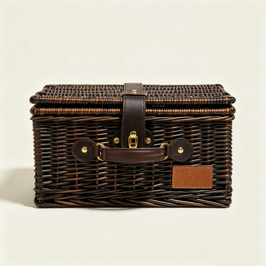 Dark Brown Leather Vintage Picnic Basket