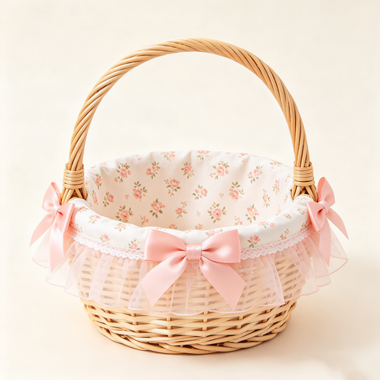Pink Floral Lace Wicker Picnic Basket