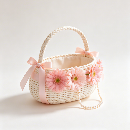 Pink Daisy Pearl Woven Picnic Basket
