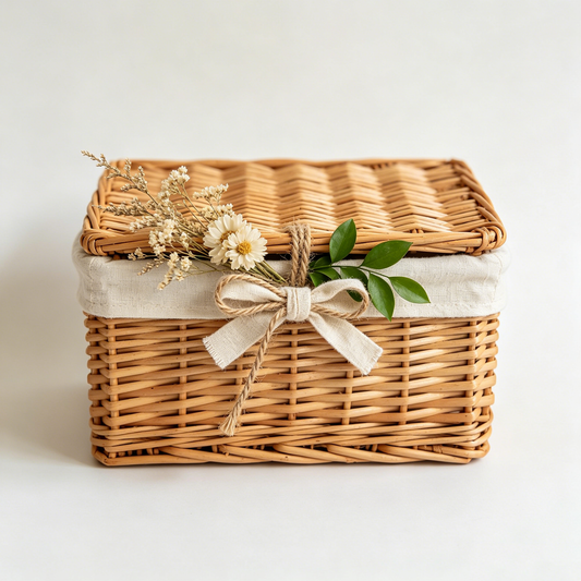 Dried Flower Lidded Wicker Storage Basket